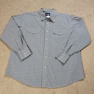 Wrangler Men Shirt XXL White Green Blue Plaid Pearl Snap Western Retro Cowboy